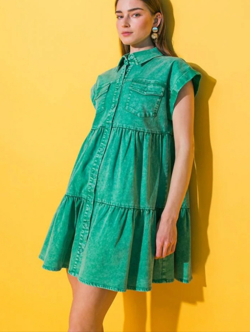S🍀Flying Tomato Dull Moments Green Tiered Denim Shirt Dress